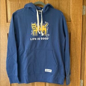 Life is Good Blue Hoodie with Christmas Lights wrapped Dog